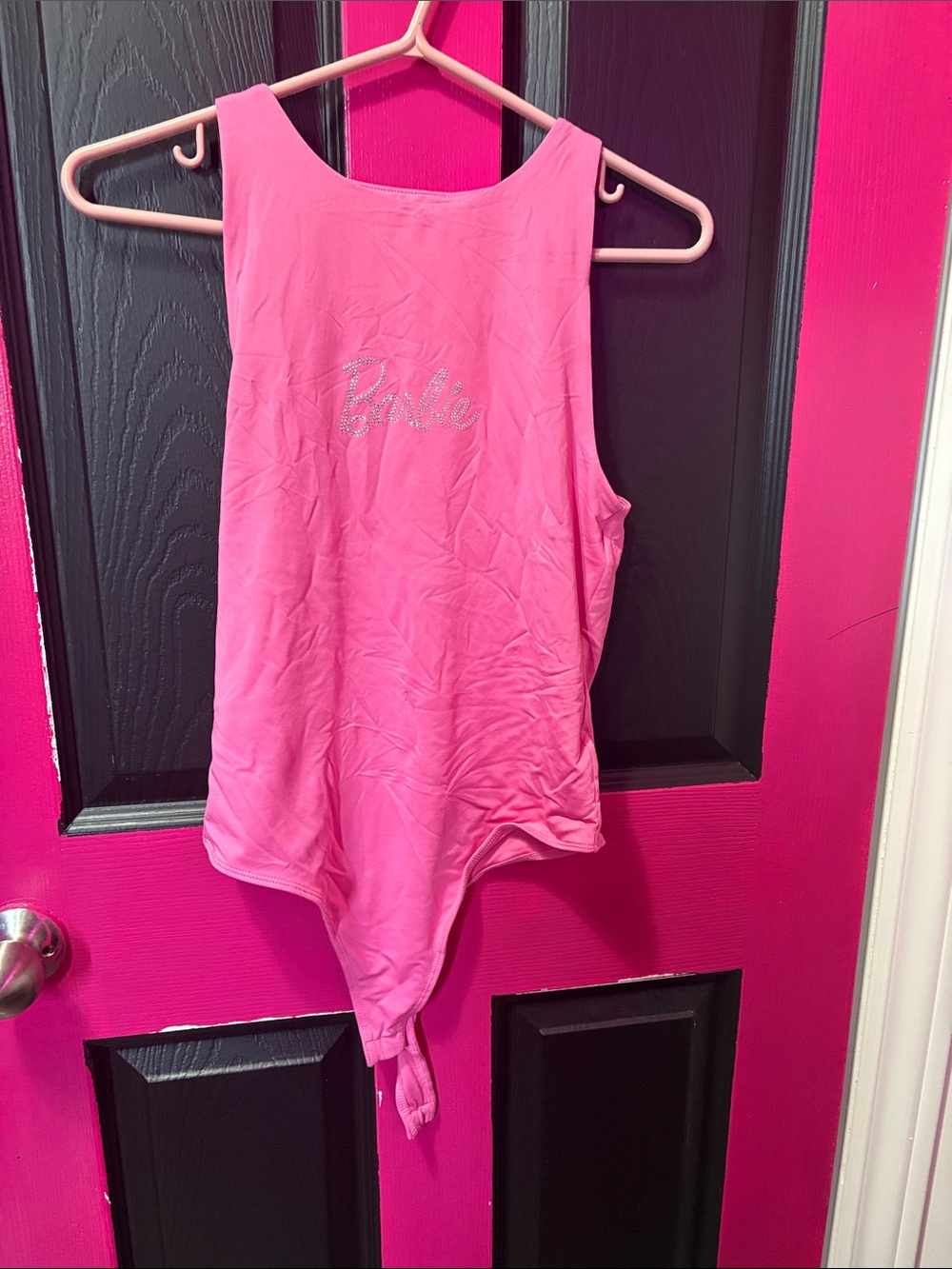 Barbie Hot Pink Sleeveless Bodysuit with Rhinestone Logo